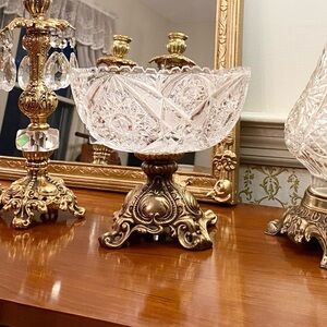 Antique Cut Glass Crystal Compote Centerpiece Bowl Brass Pedestal Ornate Decor